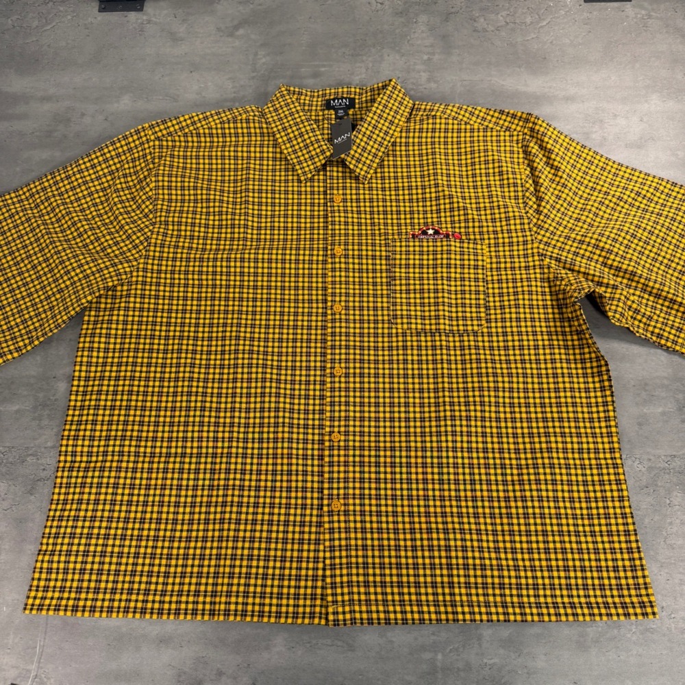 BoohooMAN Yellow Black Plaid Oversized Short Sleeve Button Down Shirt Cotton